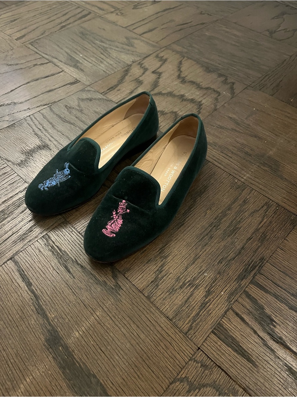 Stubbs & Wootton Hunter Green Velvet Alice in Wonderland Loafer Slippers W 7.5